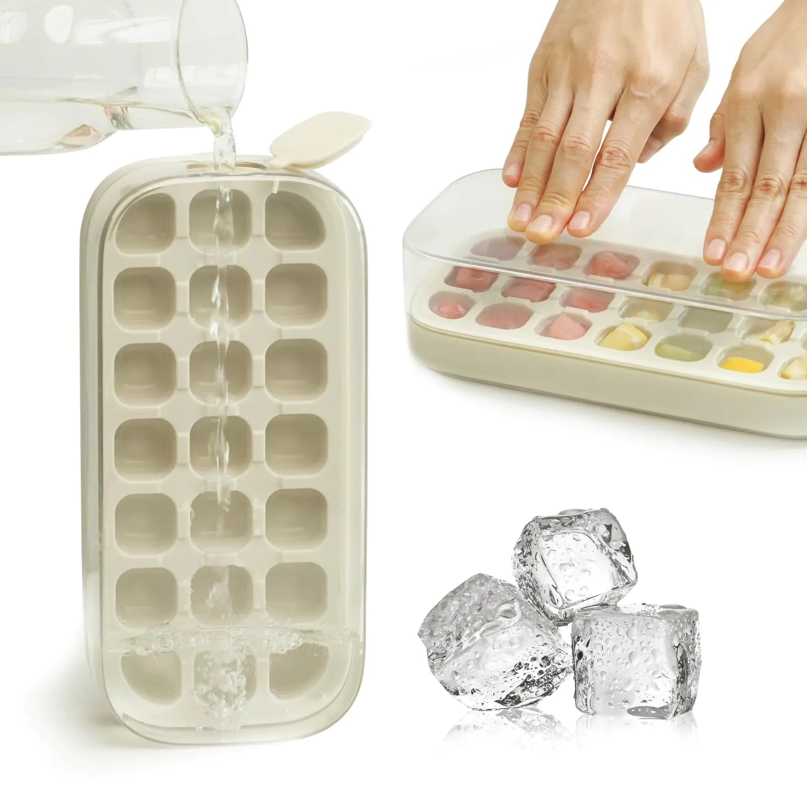 Ice Cube Tray with Lid and Bin 21 Pcs Quick-Fill Ice Cube Mold for Freezer Easy Press to Release White No-Touch Ice Cube Trays